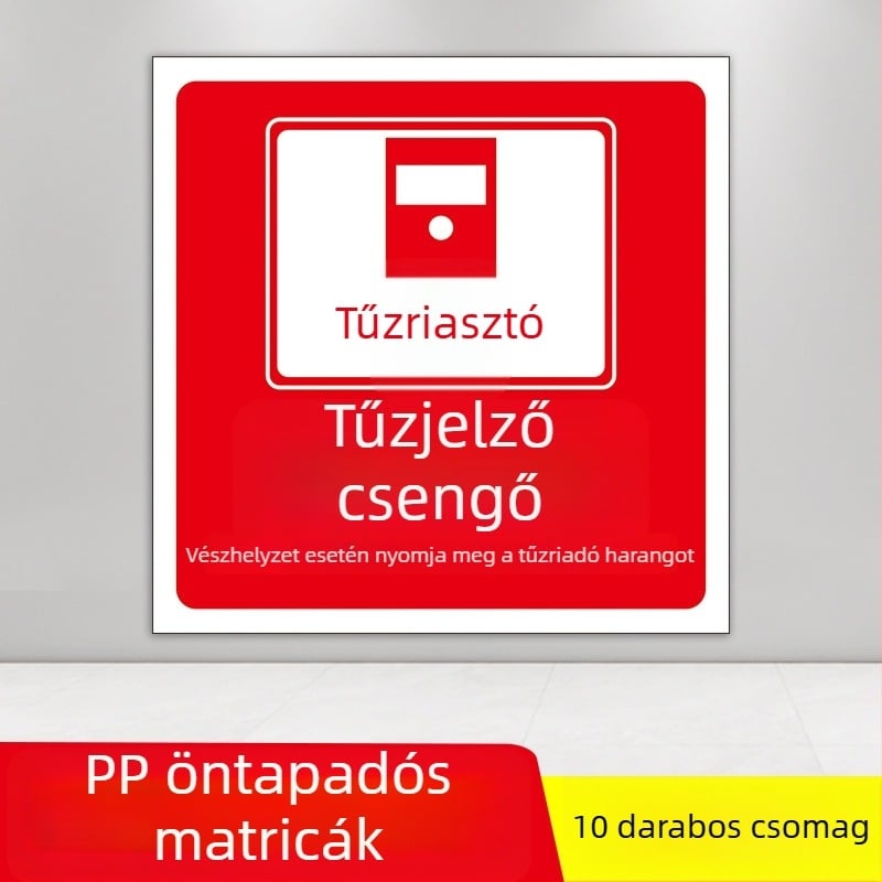 PVC önkötődéses tűzvédelmi címkék készlet, 10x10 cm, különféle feliratok: tűzjelző gomb, tűzoltó készülék, vészhelyzeti telefon, hang- és fényriasztás, stb.