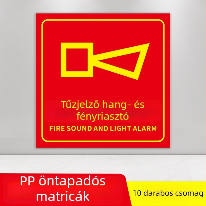 PVC önkötődéses tűzvédelmi címkék készlet, 10x10 cm, különféle feliratok: tűzjelző gomb, tűzoltó készülék, vészhelyzeti telefon, hang- és fényriasztás, stb.