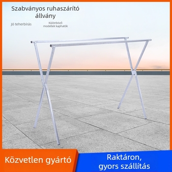X-formájú, padlóra álló ruhaszárító, két rúddal, összecsukható beltéri és kültéri használatra.