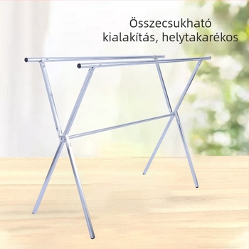 X-formájú, padlóra álló ruhaszárító, két rúddal, összecsukható beltéri és kültéri használatra.