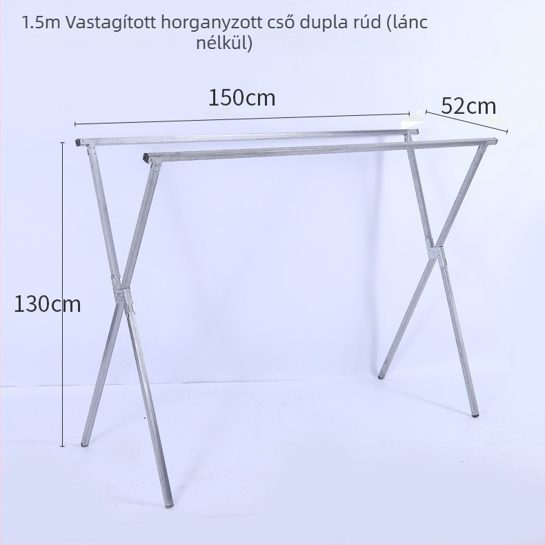 X-formájú, padlóra álló ruhaszárító, két rúddal, összecsukható beltéri és kültéri használatra.