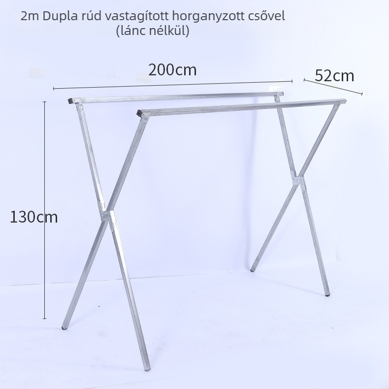 X-formájú, padlóra álló ruhaszárító, két rúddal, összecsukható beltéri és kültéri használatra.