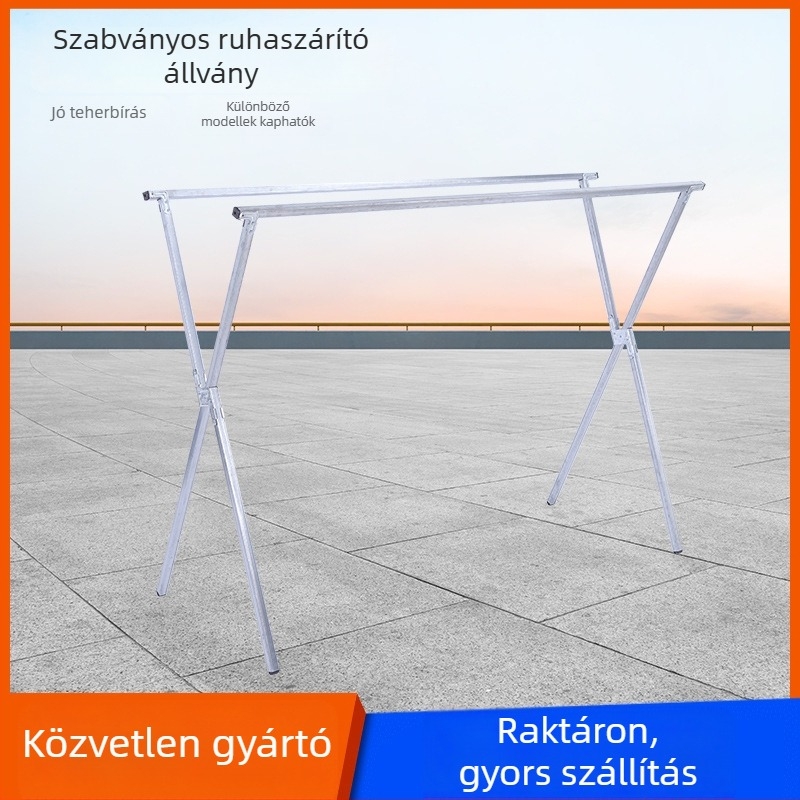 X-formájú, padlóra álló ruhaszárító, két rúddal, összecsukható beltéri és kültéri használatra.