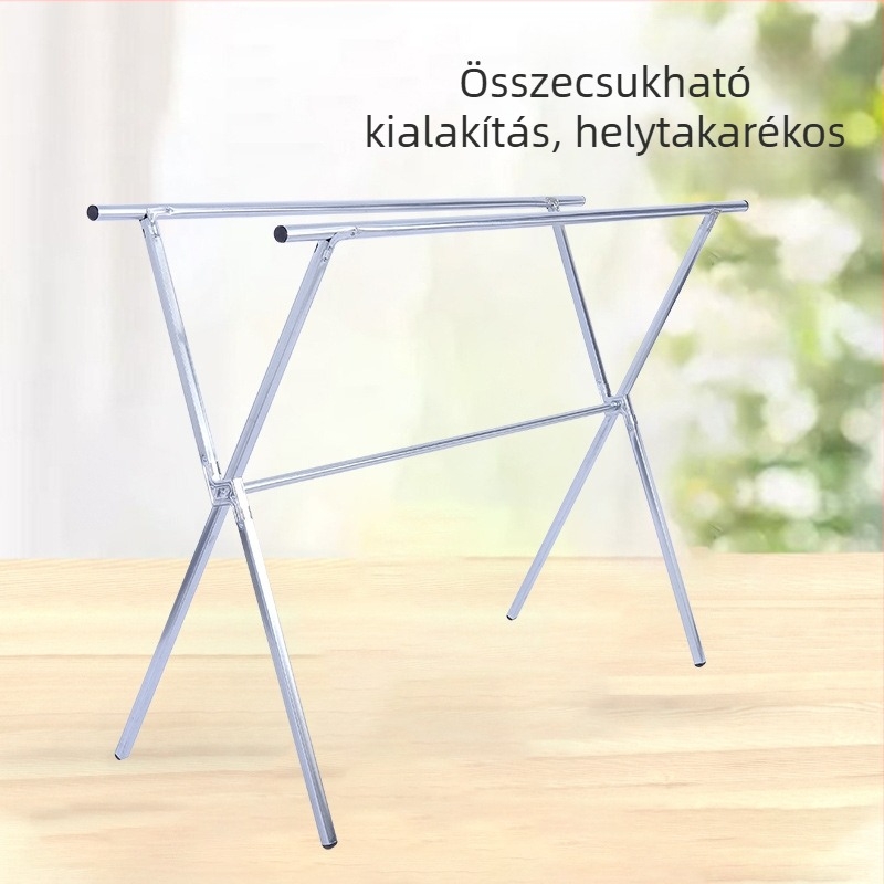 X-formájú, padlóra álló ruhaszárító, két rúddal, összecsukható beltéri és kültéri használatra.