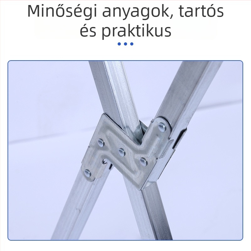 X-formájú, padlóra álló ruhaszárító, két rúddal, összecsukható beltéri és kültéri használatra.