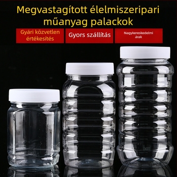 Átlátszó vastagított műanyag mézesüveg fedéllel, lezárt tartály, legfeljebb 300 ml
