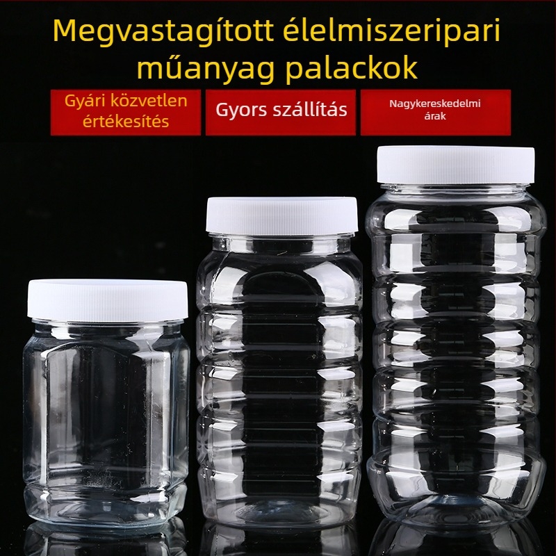 Átlátszó vastagított műanyag mézesüveg fedéllel, lezárt tartály, legfeljebb 300 ml