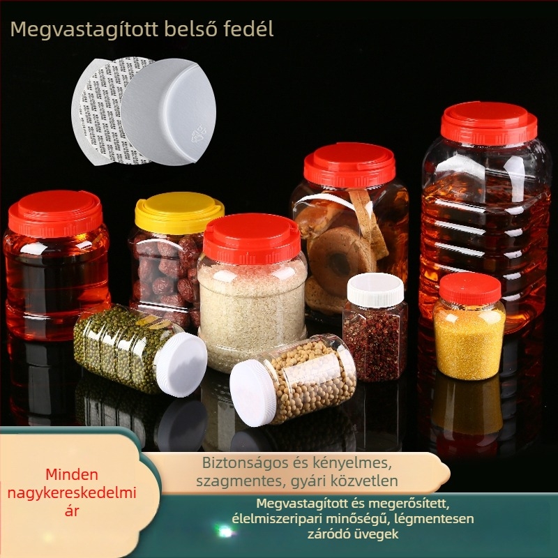 Átlátszó vastagított műanyag mézesüveg fedéllel, lezárt tartály, legfeljebb 300 ml