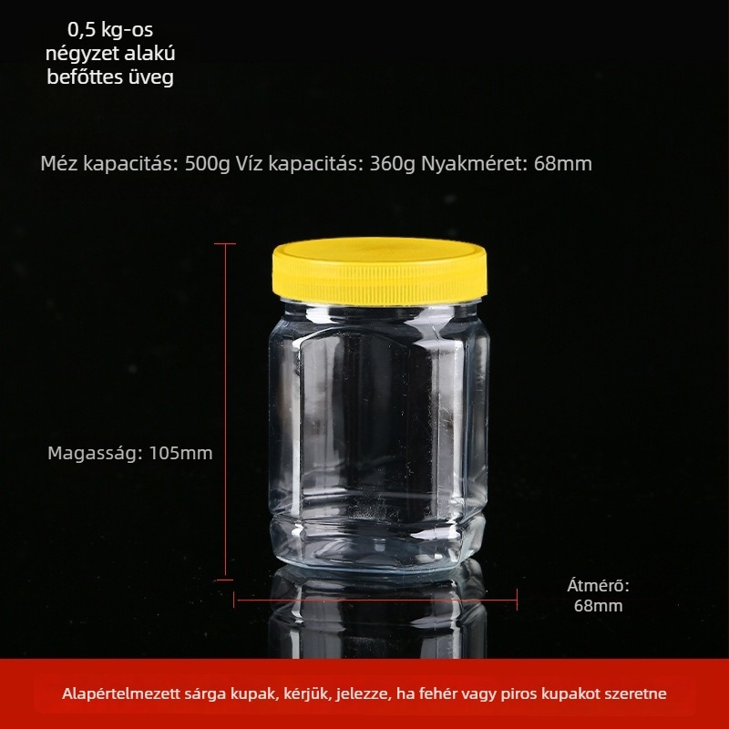Átlátszó vastagított műanyag mézesüveg fedéllel, lezárt tartály, legfeljebb 300 ml