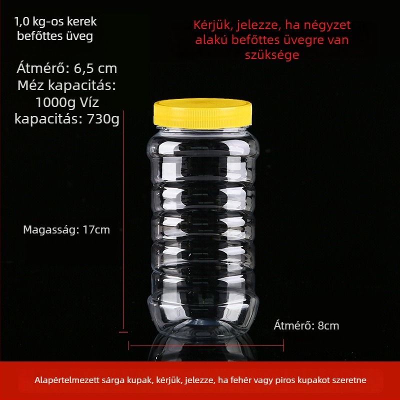 Átlátszó vastagított műanyag mézesüveg fedéllel, lezárt tartály, legfeljebb 300 ml