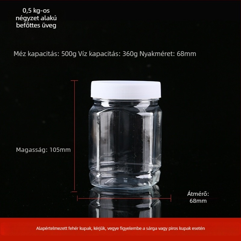 Átlátszó vastagított műanyag mézesüveg fedéllel, lezárt tartály, legfeljebb 300 ml