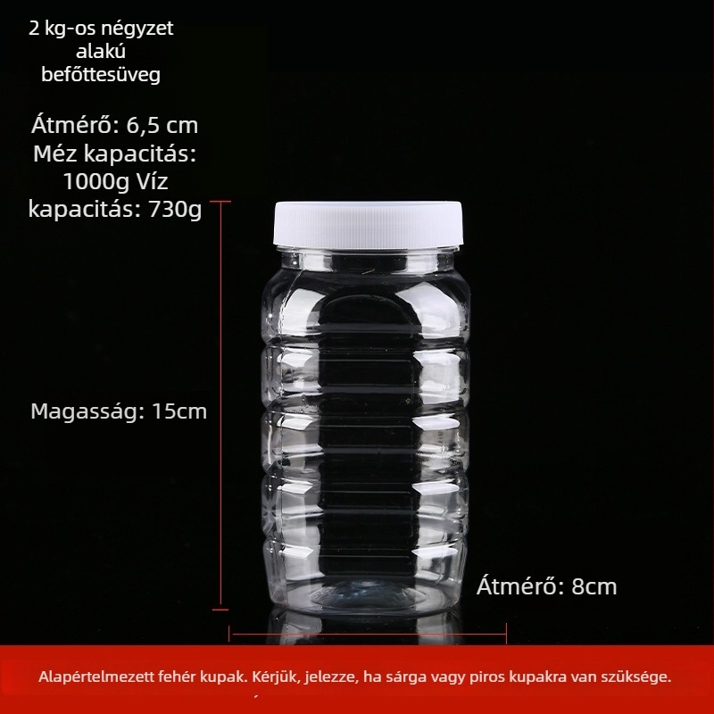 Átlátszó vastagított műanyag mézesüveg fedéllel, lezárt tartály, legfeljebb 300 ml