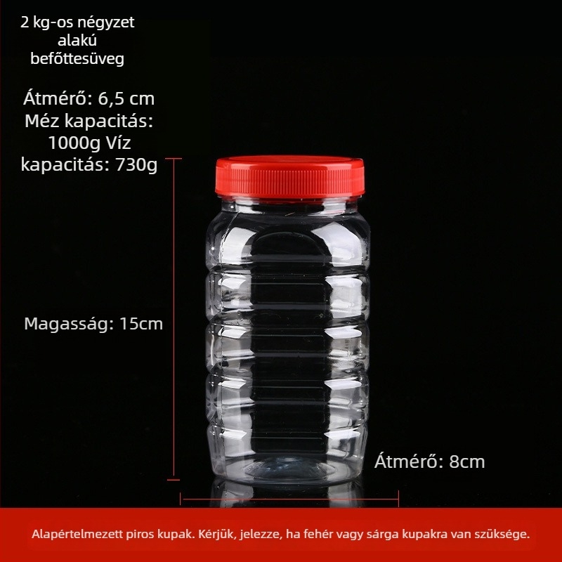 Átlátszó vastagított műanyag mézesüveg fedéllel, lezárt tartály, legfeljebb 300 ml