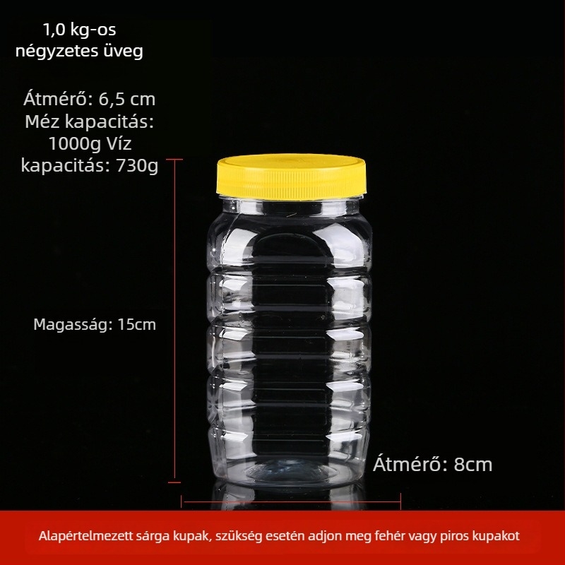 Átlátszó vastagított műanyag mézesüveg fedéllel, lezárt tartály, legfeljebb 300 ml
