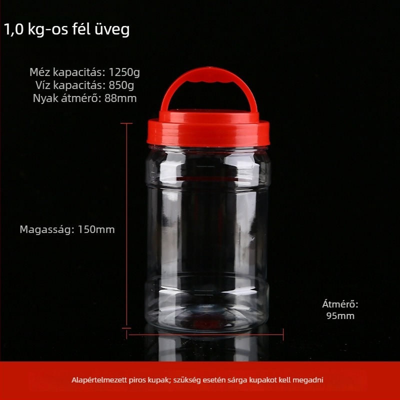 Átlátszó vastagított műanyag mézesüveg fedéllel, lezárt tartály, legfeljebb 300 ml