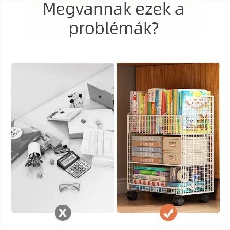 Kerekes, álló könyvespolc az íróasztal szélénél, diákoknak — alatti tároló