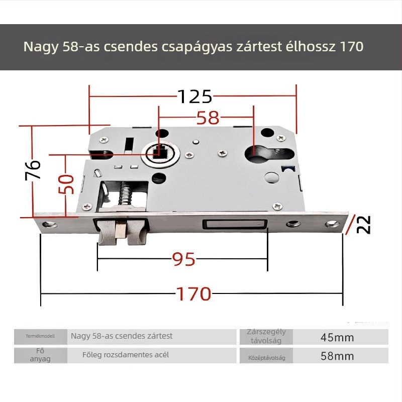 Fa ajtókhoz készült zárkészlet, univerzális zártest 50 mm, hangtalan rozsdamentes acél záróelem 58 mm, zármag és tartozékok