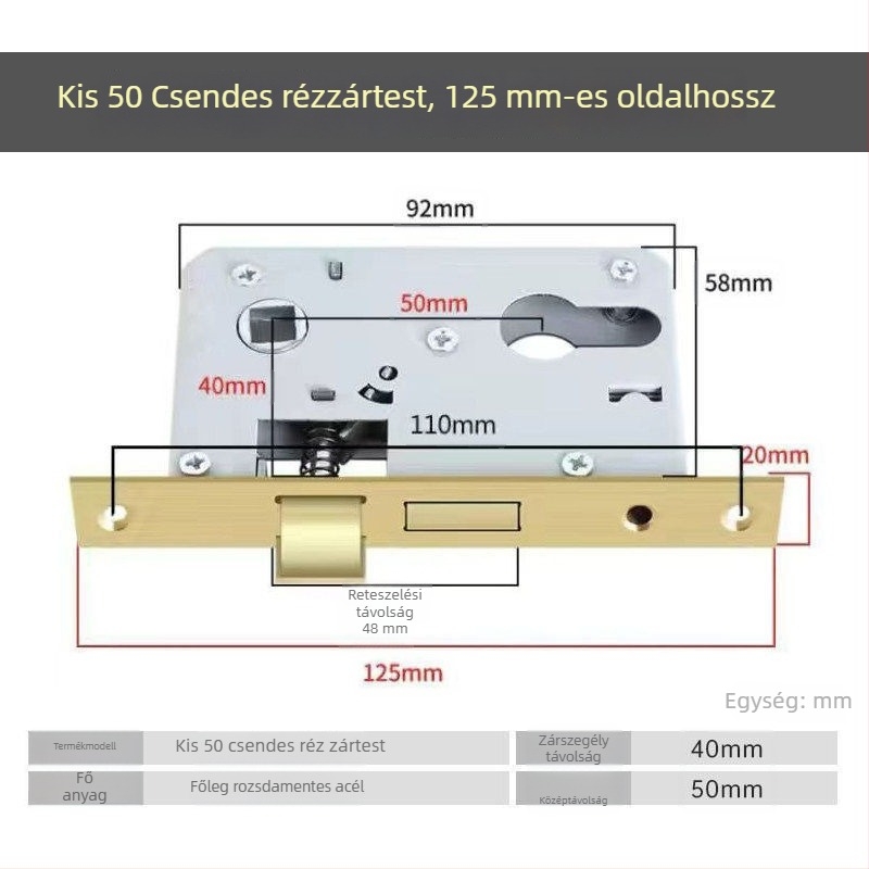 Fa ajtókhoz készült zárkészlet, univerzális zártest 50 mm, hangtalan rozsdamentes acél záróelem 58 mm, zármag és tartozékok