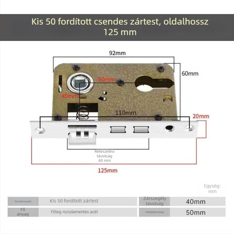 Fa ajtókhoz készült zárkészlet, univerzális zártest 50 mm, hangtalan rozsdamentes acél záróelem 58 mm, zármag és tartozékok