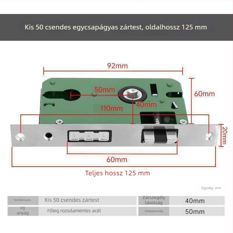 Fa ajtókhoz készült zárkészlet, univerzális zártest 50 mm, hangtalan rozsdamentes acél záróelem 58 mm, zármag és tartozékok