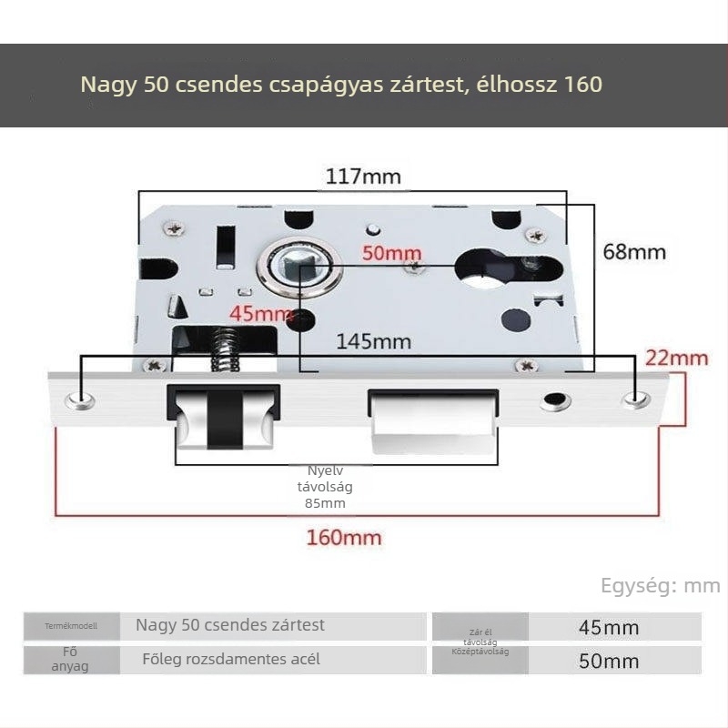 Fa ajtókhoz készült zárkészlet, univerzális zártest 50 mm, hangtalan rozsdamentes acél záróelem 58 mm, zármag és tartozékok