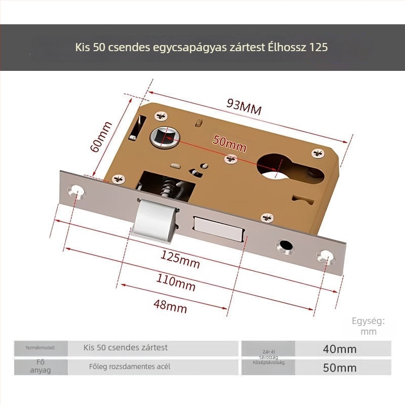 Fa ajtókhoz készült zárkészlet, univerzális zártest 50 mm, hangtalan rozsdamentes acél záróelem 58 mm, zármag és tartozékok