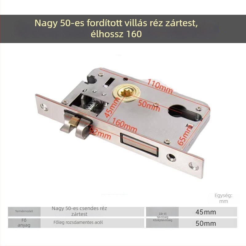 Fa ajtókhoz készült zárkészlet, univerzális zártest 50 mm, hangtalan rozsdamentes acél záróelem 58 mm, zármag és tartozékok