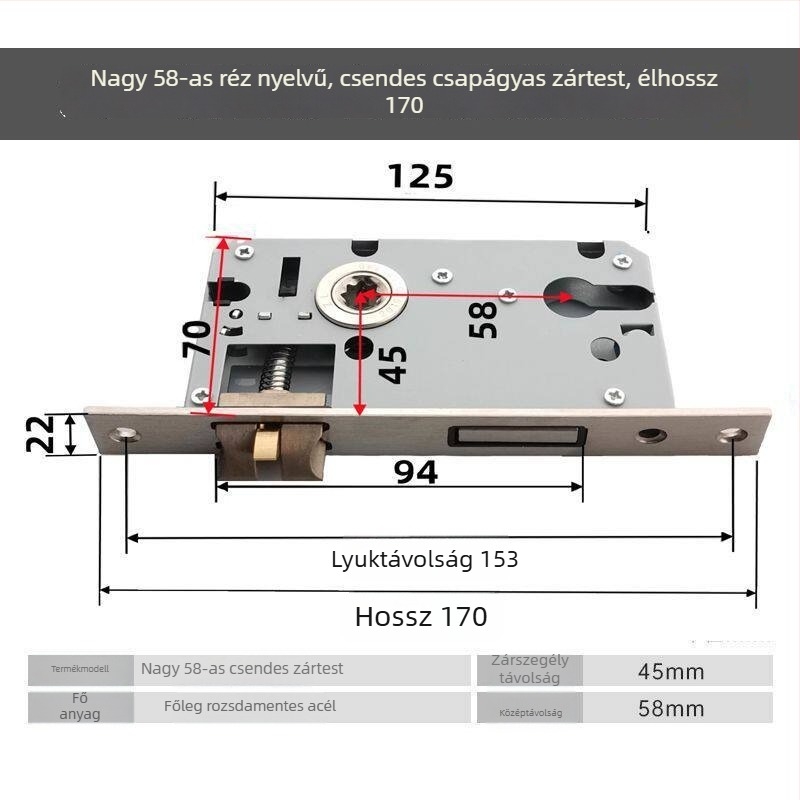 Fa ajtókhoz készült zárkészlet, univerzális zártest 50 mm, hangtalan rozsdamentes acél záróelem 58 mm, zármag és tartozékok