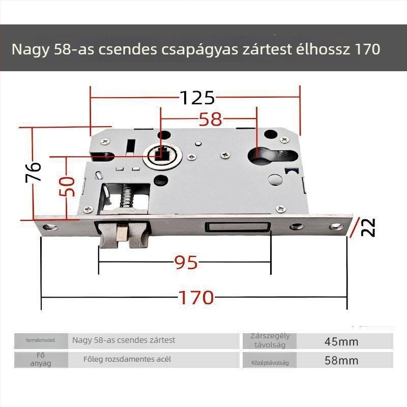 Fa ajtókhoz készült zárkészlet, univerzális zártest 50 mm, hangtalan rozsdamentes acél záróelem 58 mm, zármag és tartozékok