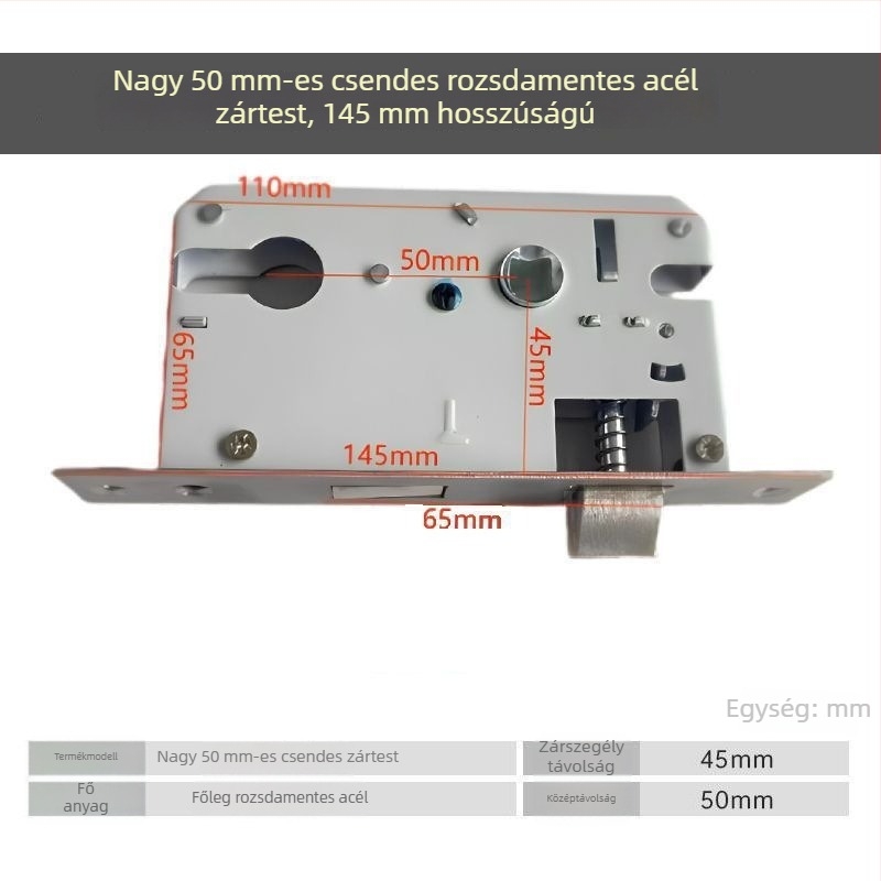 Fa ajtókhoz készült zárkészlet, univerzális zártest 50 mm, hangtalan rozsdamentes acél záróelem 58 mm, zármag és tartozékok