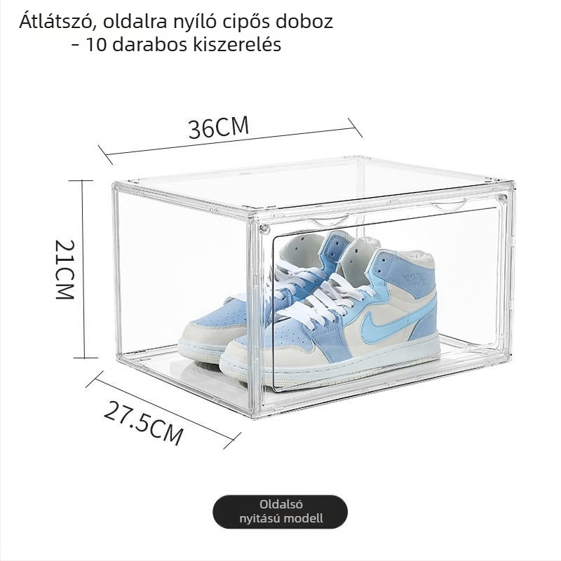 Átlátszó akril cipősdoboz kiállító polccal, porvédett, mágneses, egymásra tehető