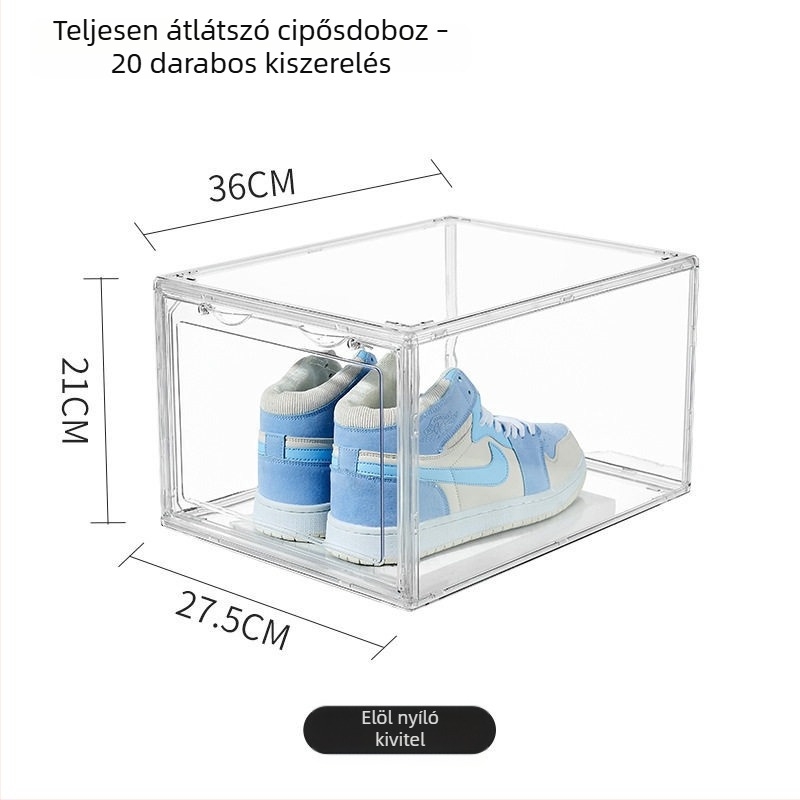 Átlátszó akril cipősdoboz kiállító polccal, porvédett, mágneses, egymásra tehető