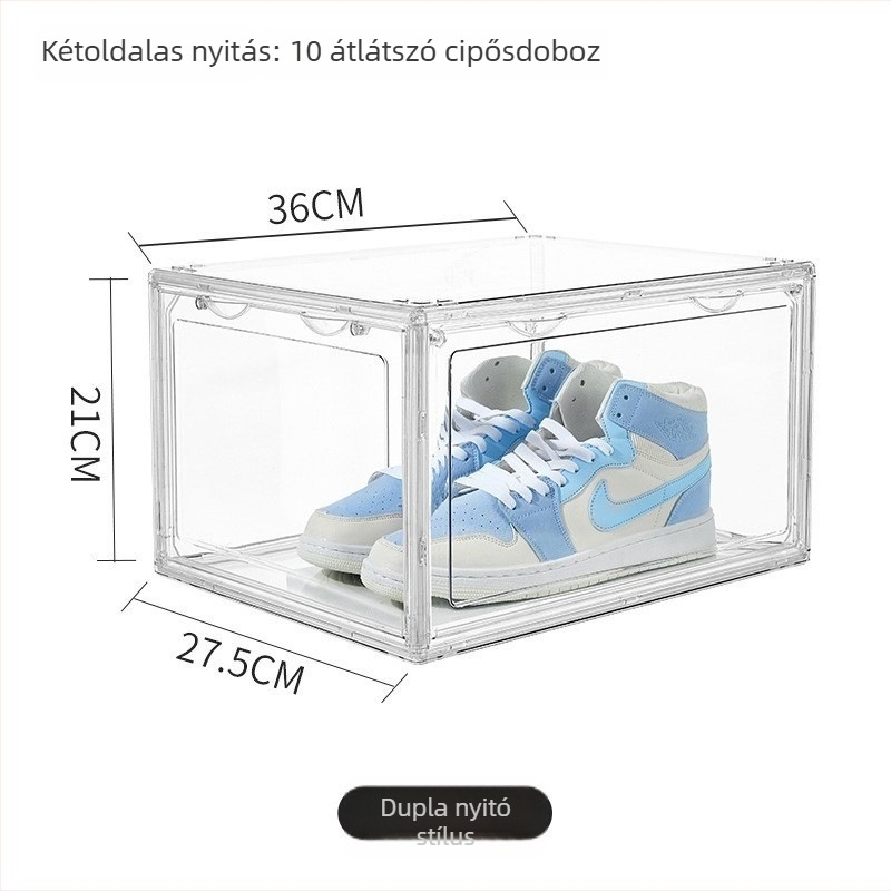 Átlátszó akril cipősdoboz kiállító polccal, porvédett, mágneses, egymásra tehető