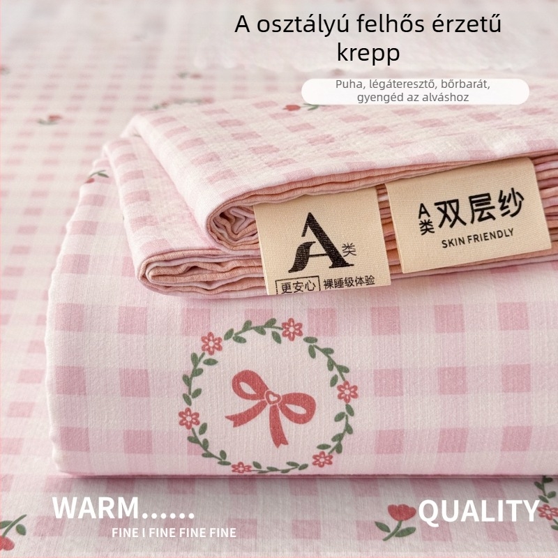 Vastag, két rétegű géz ágynemű garnitúra egyszemélyes ágyhoz, A-kategóriás anyuka-baba, gyűrött géz, virágos minta, háromrészes készlet
