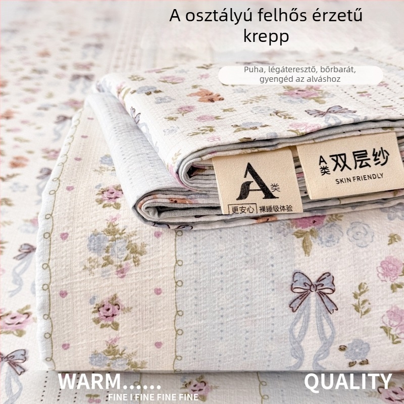 Vastag, két rétegű géz ágynemű garnitúra egyszemélyes ágyhoz, A-kategóriás anyuka-baba, gyűrött géz, virágos minta, háromrészes készlet