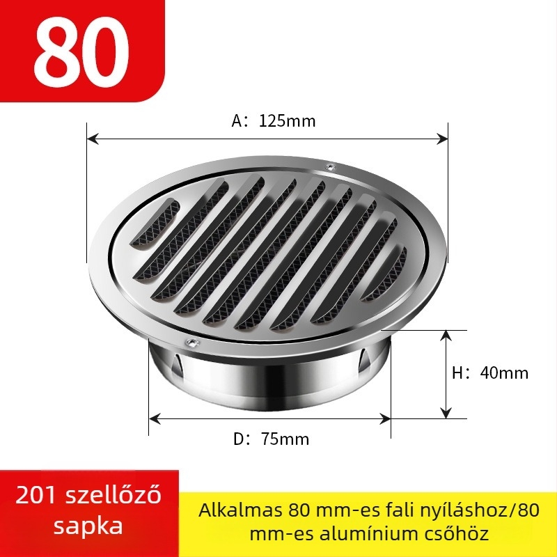 Fekete színű lakkozott rozsdamentes acél síkfejű szellőzősapka kipufogófedéllel, körkörös rács, lamellás fedél, légáteresztő sapka