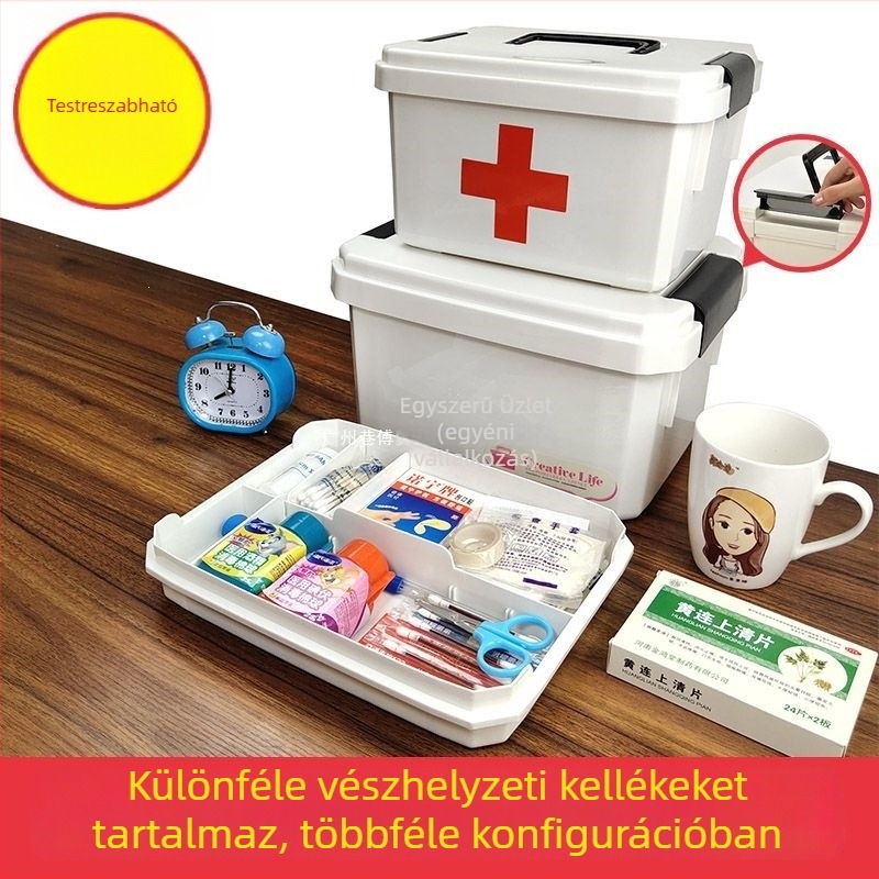 Otthoni gyógyszeres doboz maszkokkal, különböző méretekben, többszintes elsősegély-tároló a családok, diákok és óvodások számára.