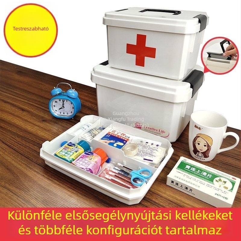 Otthoni gyógyszeres doboz maszkokkal, különböző méretekben, többszintes elsősegély-tároló a családok, diákok és óvodások számára.