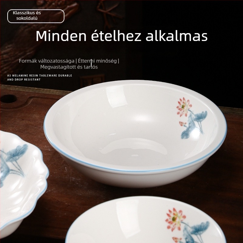 Lotus mintás kerámia leveses és tészta tálak, nagy kör alakú tál halételekhez, mikróhullámú sütő alkalmas