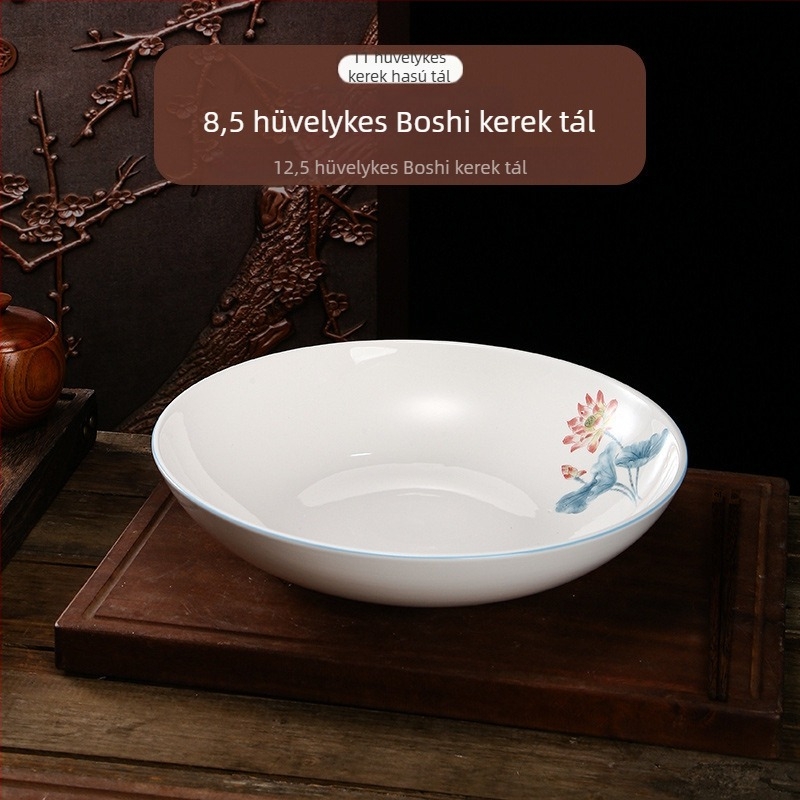 Lotus mintás kerámia leveses és tészta tálak, nagy kör alakú tál halételekhez, mikróhullámú sütő alkalmas