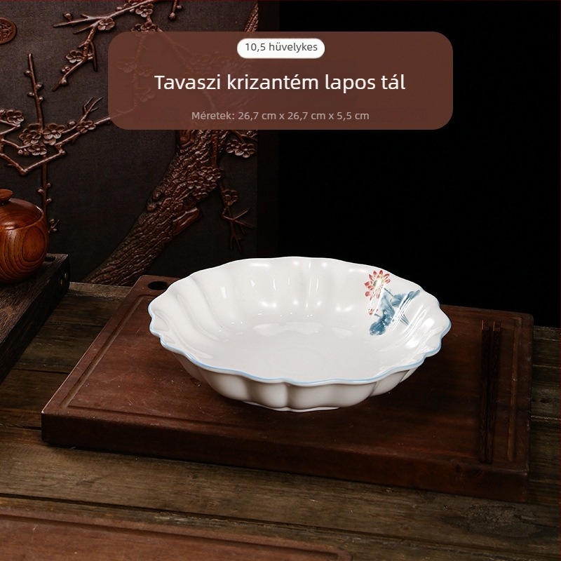 Lotus mintás kerámia leveses és tészta tálak, nagy kör alakú tál halételekhez, mikróhullámú sütő alkalmas