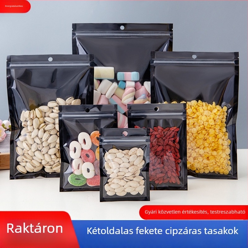 Fekete Yin–Yang bordázott átlátszó ZIP tasak akasztóval, nassolnivalók és ajándékcsomagolásra