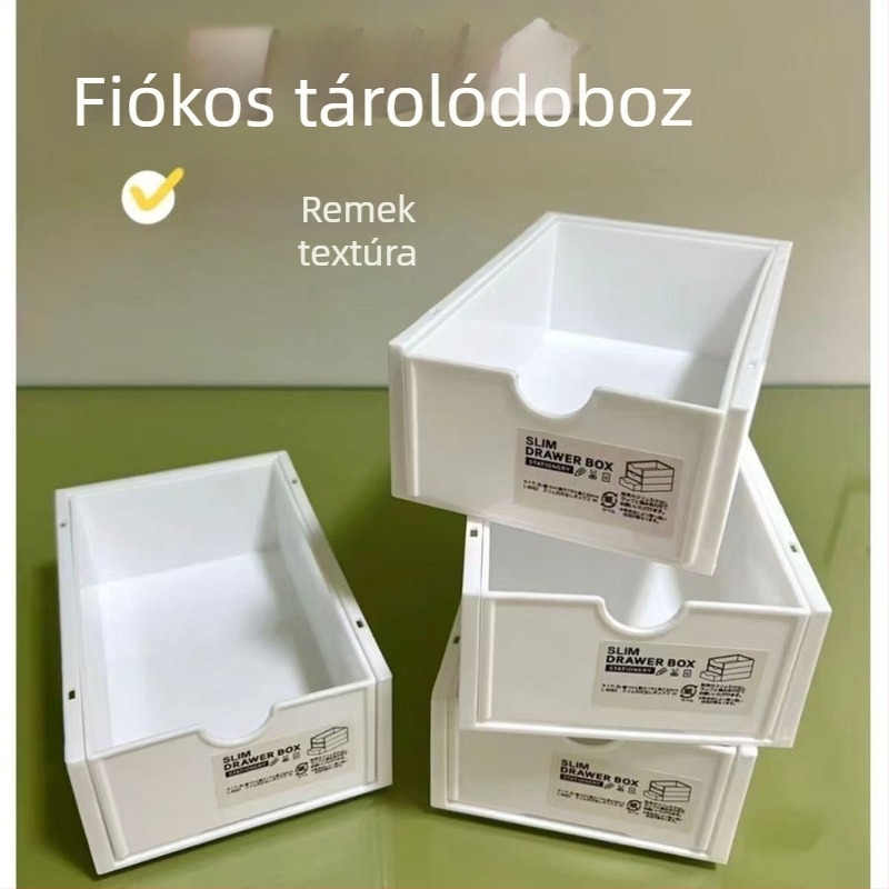 Íróasztali tároló doboz fiókos, átlátszó műanyagból, egymásra tehető rendező irodai kellékekhez és kozmetikumokhoz