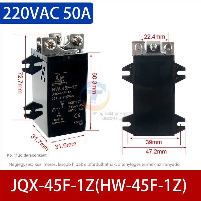JQX-60F nagy teljesítményű relé, 60A, tekercs 12VDC vagy 24VDC, 220VAC érintkezők