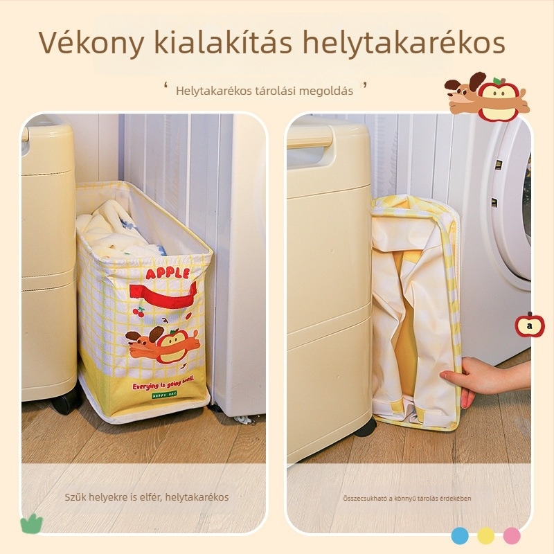 Összecsukható mosókosár kontrasztos színekkel, leválasztható, fürdőszobában; tárolás plüss játékok és nassolnivalók számára.