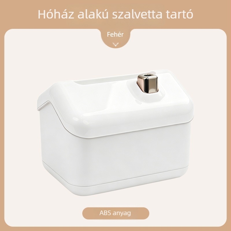 Ház alakú papírzsebkendő tartó, krém színű, modern asztali tároló, logónyomás opció
