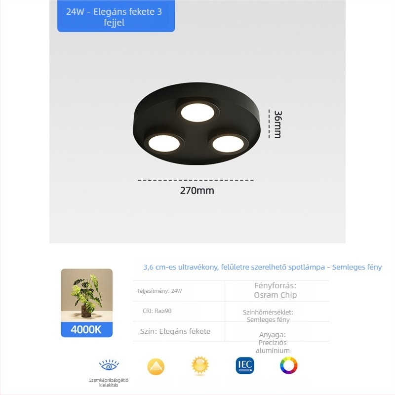 Ultra vékony LED kör mennyezeti downlight, anti-glare, háromfejű, modern minimalist stílus, felületre szerelt, hálószoba és nappali számára