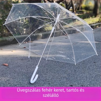 Áttetsző esernyő felnőtteknek, nagy méret, megerősített üvegszálas merevítők, átlátszó kupola, szélálló esernyő esőre, félautomata nyitás, logó nyomtatás lehetőség