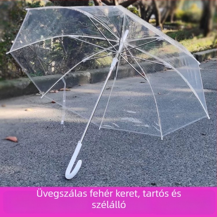 Áttetsző esernyő felnőtteknek, nagy méret, megerősített üvegszálas merevítők, átlátszó kupola, szélálló esernyő esőre, félautomata nyitás, logó nyomtatás lehetőség