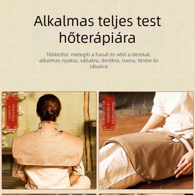 Elektronikus melegítő vállpárna melegítő kompresszióval és tengeri sóval; váll- és nyakápolás, moxibisztikus inspirált nyakvédelmet